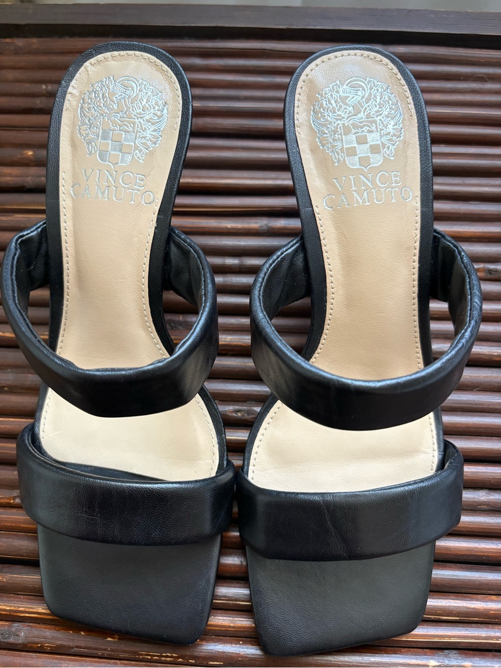 Vince Camuto Black Double-Strap Square-Toe Heeled Sandals